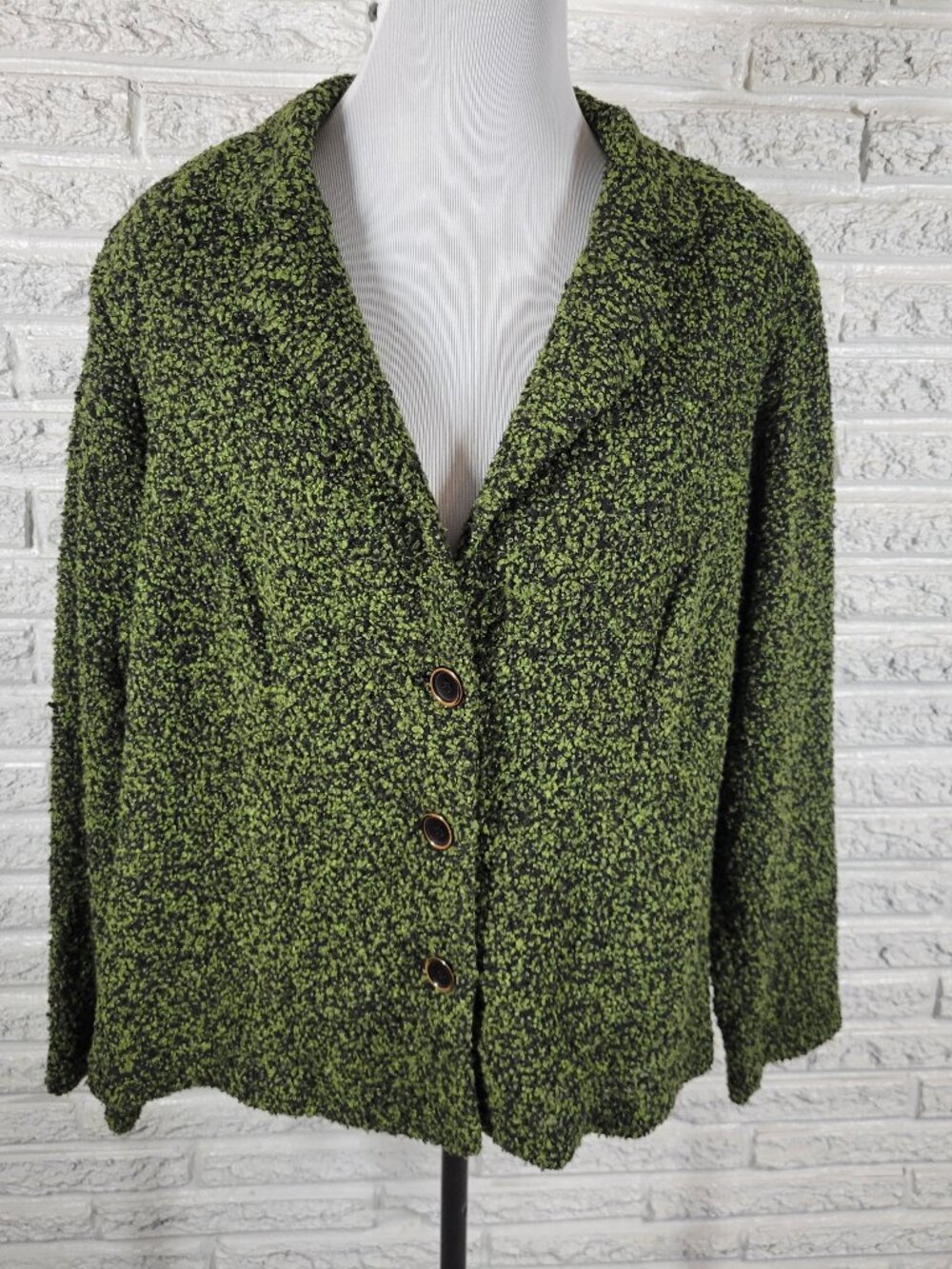 Dress Barn Cardigan Sweater Womens 1X Green Black Chunky‎ Knit Collared SWE133E